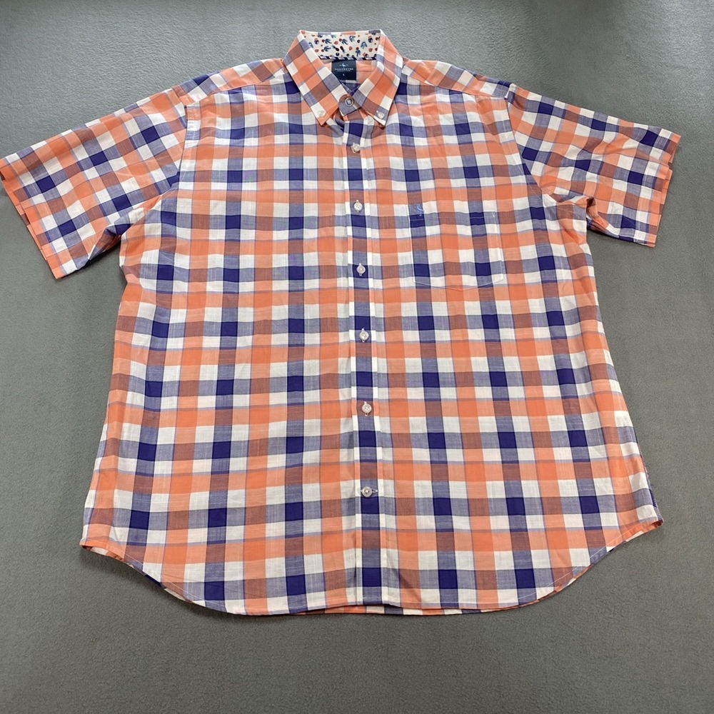 TailorByrd Mens Button Down Large Short Sleeve Plaid Orange Blue Summer Coastal